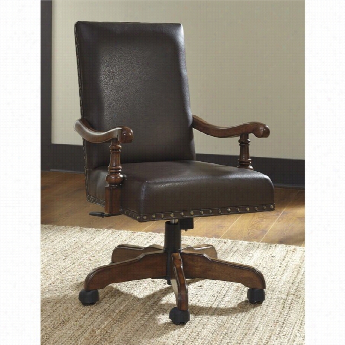 Ashley Gylon Faux Leather Adjustable Swivel Office Chair In Brown