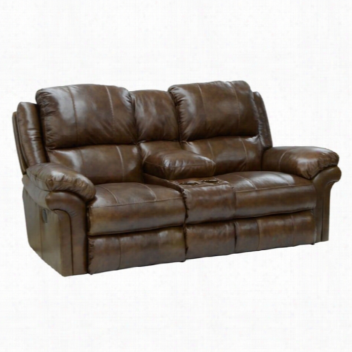 Cagnapper Benson Leather Lay Oleaginous Reclining Console Loveseat In Timber