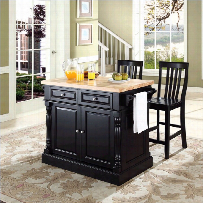 Crosley Oxford Butcehr Block Top Kitchen Island With Stools In Black