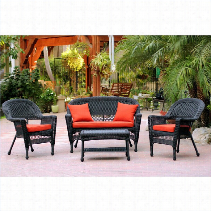 Jeco 4pc Wicker Conversation Est In Black  With Red Orange Cushinos