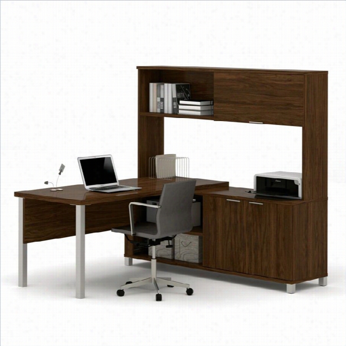 Bestar Pro-line A L-desk With Hutch In Oak Barrel