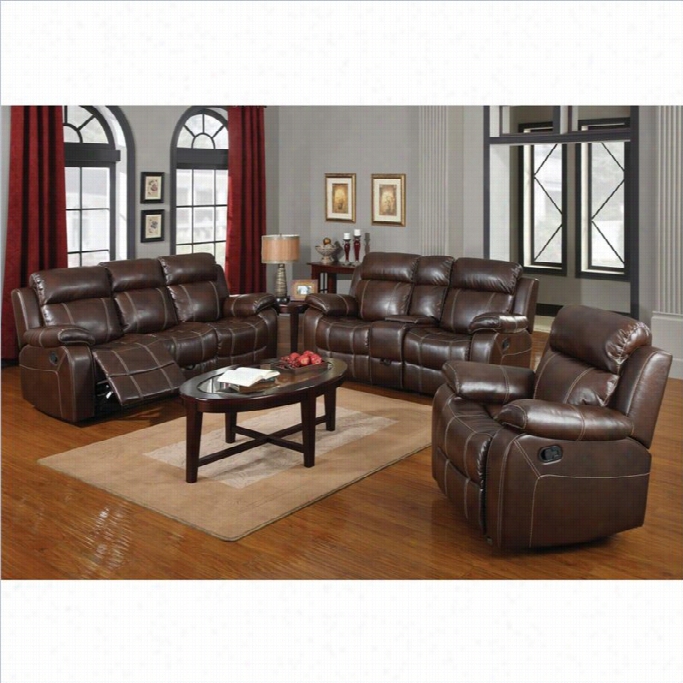 Coaster Myleene Leather 3 Piece Reclining Leather Sofa Set In Brpwn