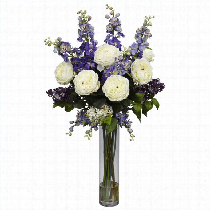 Nearly Natural Rose Delphiinum And Lilac Silk Flower Arrangeent In Purple