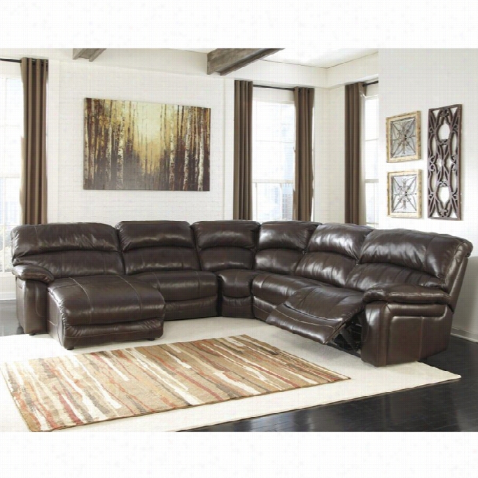 Ashley Furniture Daamcio 5 Piece Leather Reclining Sectional In Brown