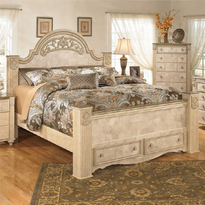 Ashley Saveaha Wood King Panel Darwer Bed In Beige