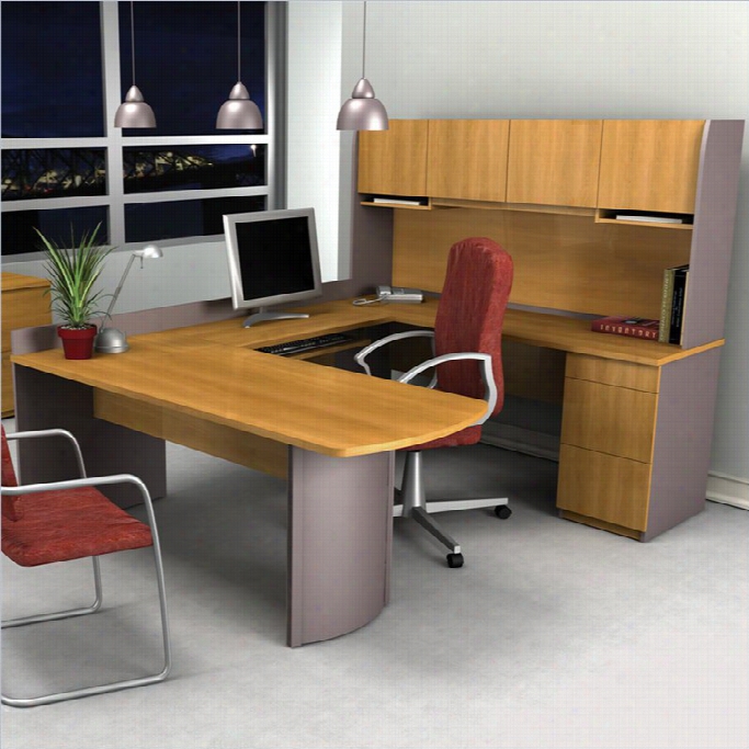 Bestar Executive  U-shape Wood Office Set With Hutch In Caopuccino Cherry &aamp; Slate