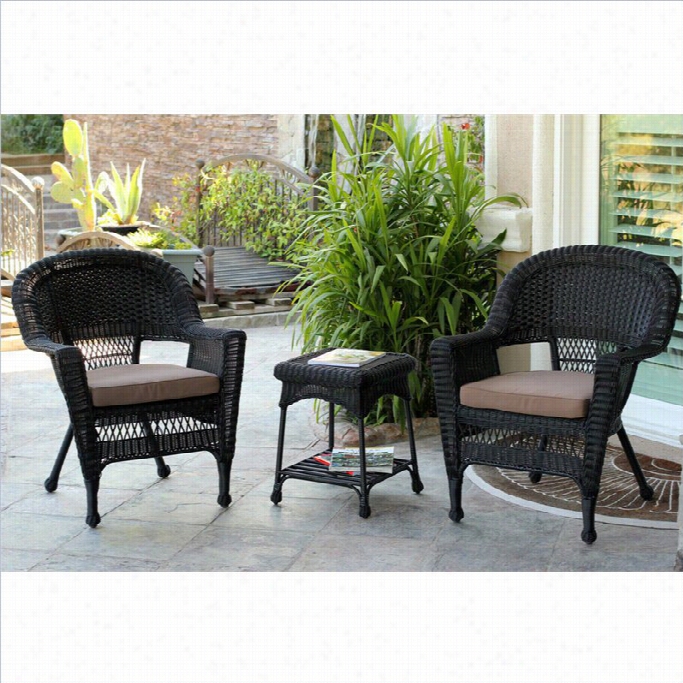 Jeco 3pc Wicker Chair Ande Nd Table In Black Set With Brown Cushion