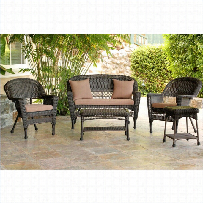 Jeco 5pc Wicker Convversation Set In Espresso With Brown Cushions
