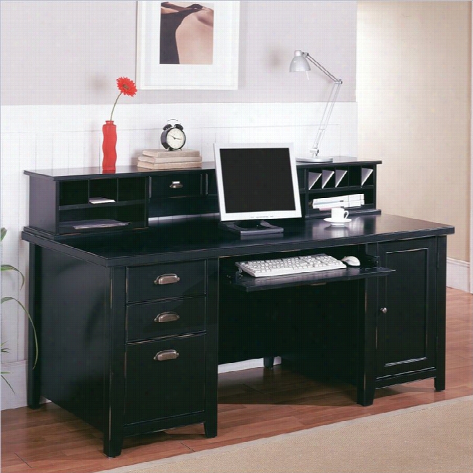 Martin Furniturr Tribeca Loft Double Pedestal Wood Computer Desk With Hutch In Blac