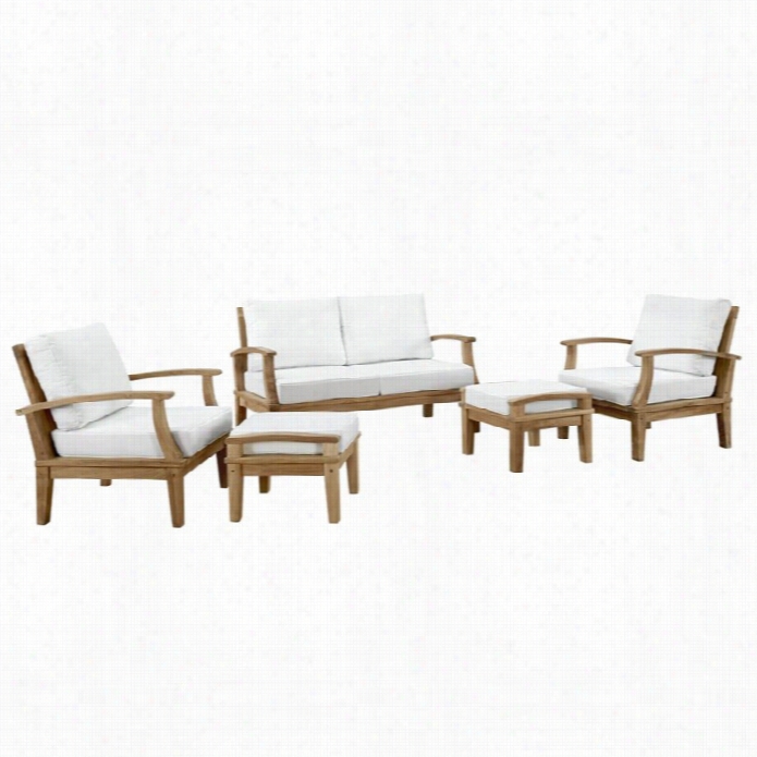 Modway Marina 5 Piece Exterior Teak Sofa Set In Naatural And White