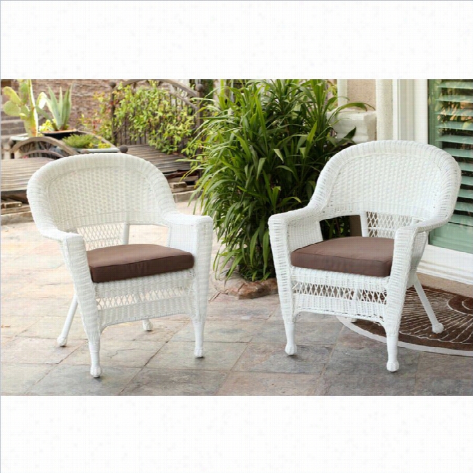 Jeco Wicker Chair In White With Brown Cushion (set Of 2)