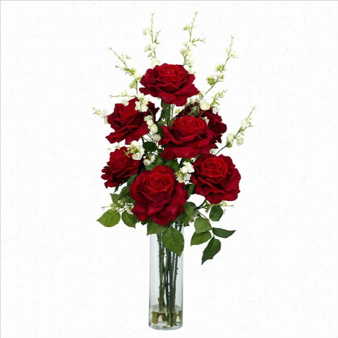 Nearly Naural Roses With Cherry Blossoms Silk Flowdr Arrangement In Red