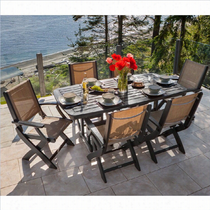 Polywood Coastal 7 Piece Wood  Patio Dining Set In Black And Burlap