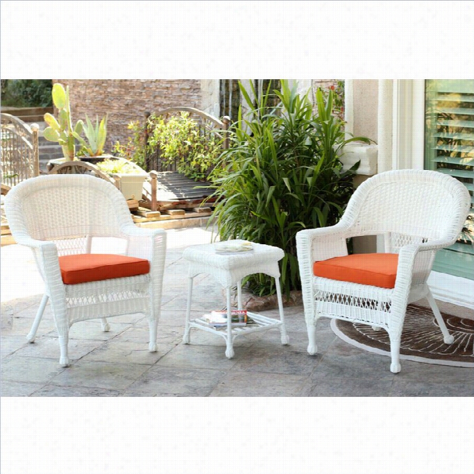 Jeco 3pc White Wicker Chair And End Table  Ste In White By The Side Of Orange Chair Cushi On