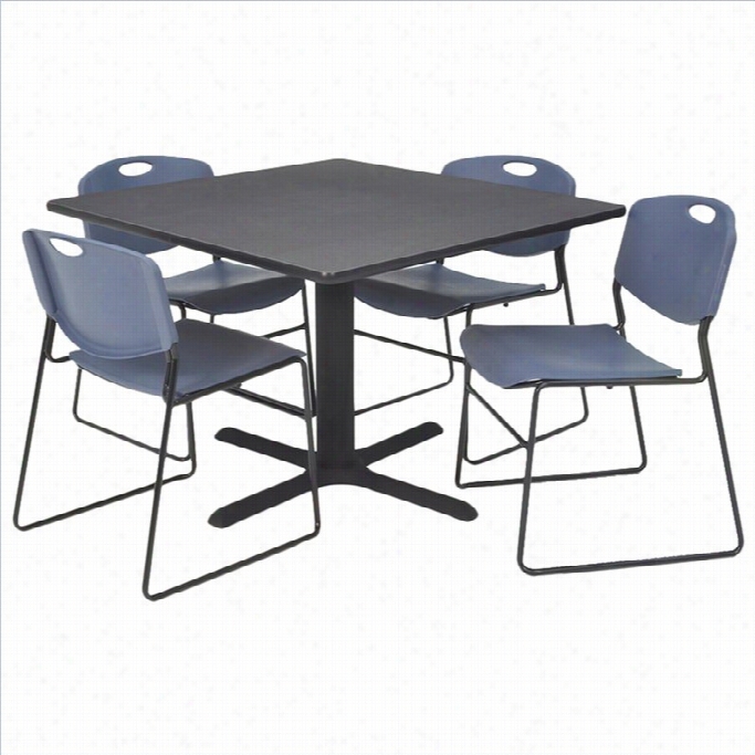 Regency Square Table With 4 Zeng Stack Chairs In Grey And Blue-30 Inch