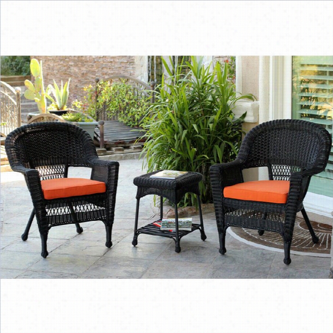 Jeeco 3pc Wicker Chair And End Table In Black Set With  Oragnec Ushion