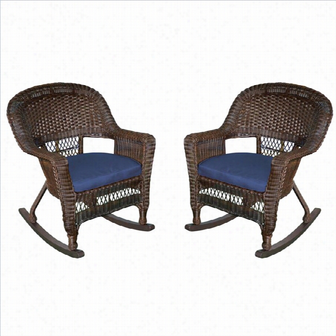 Jeco Rocker Wicker Chairman In Espresso With Blue Cushion ( Set Off 2)