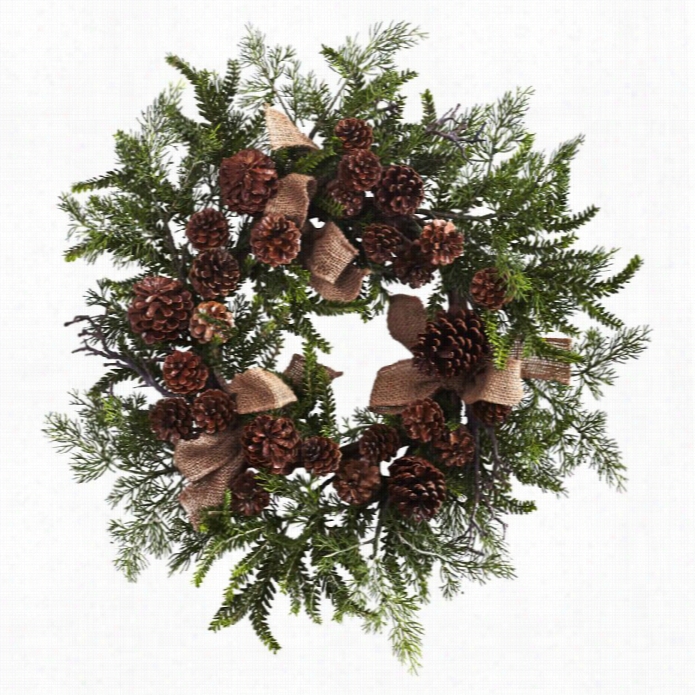 Nearly Naturla 24 Pine And Pinecone Wreath With Brlap B Ows