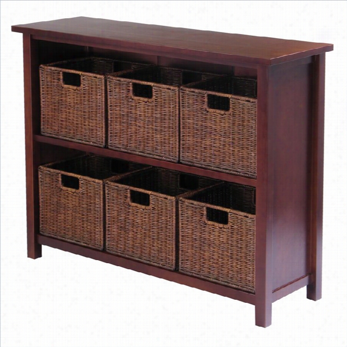 Winaome Milan 3-tier Llong Storage Shelf Wwith 6 Wired Baskets In Antique Walnut