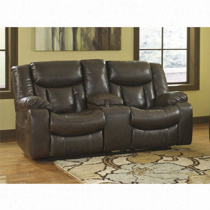 A Shley Carnell Faux Leather Recloning Loveseat With Console In Brown