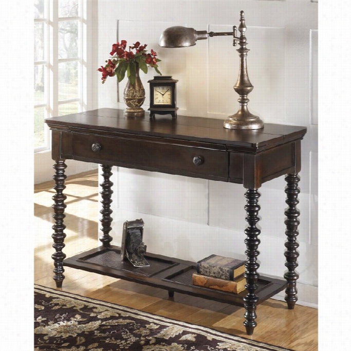 Ashley Key Town Sofa Table With Drop Down Front In Dark Brow