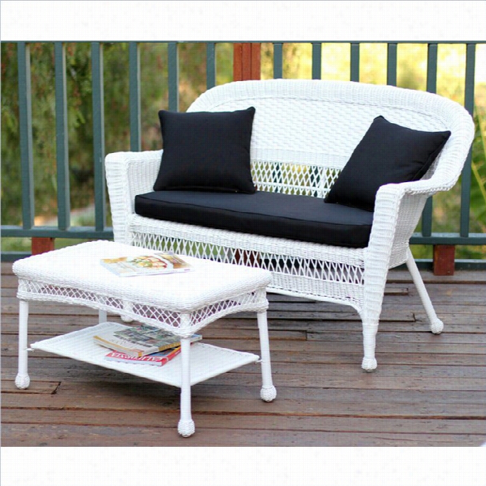 Jeco Wicker Patio Love Seat And Coffee Table Set In White Wjth Black Cushion