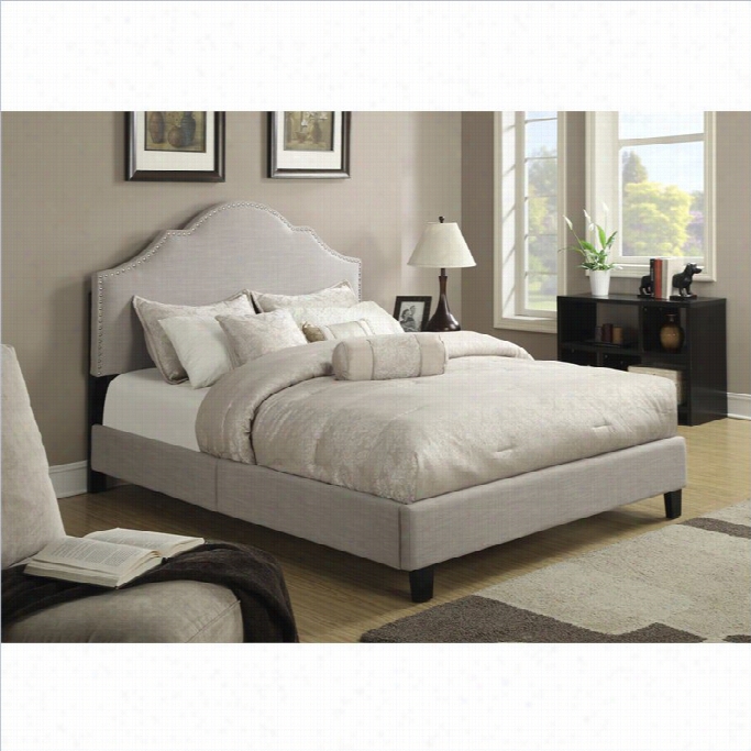 Pri All In One Fully Upholstered Nailhead Saddle Queen Bed In Taupe