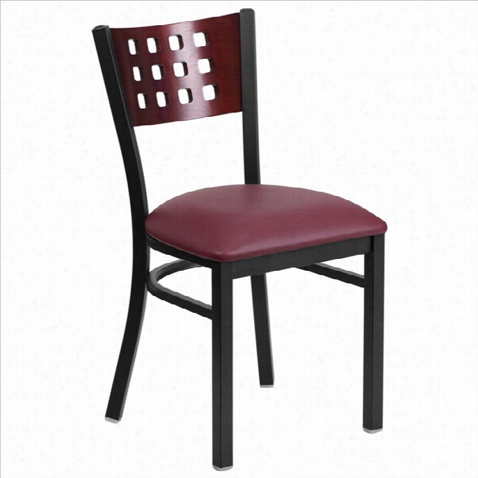 Flash Furniture Hercules Series Upholstered Grid Cutout Back Resttaurannt Dining Chair In Mahogany And Burgundy