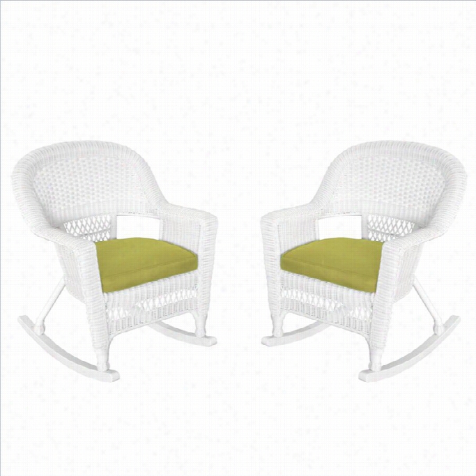 Jeco Rocker Wicker Chair In White With Green Cushion (set Of 2)