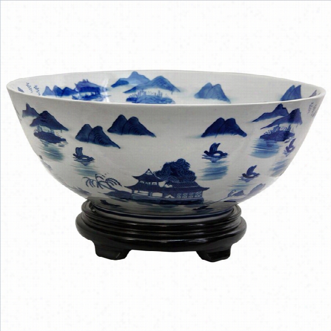 Oriental Furniture 14 Landscape Bowl In Blue And W Hite