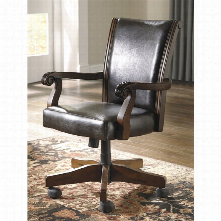 Ashley Alymere Faux Leather Adjustable Swivel Office Chair In Brown