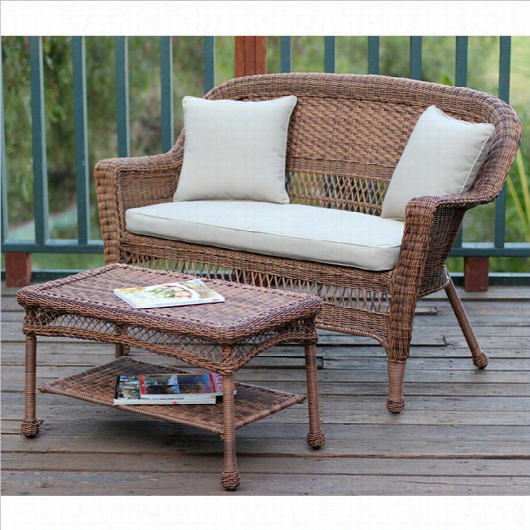 Jeco Wicker Patio Love Seat And Coffee Slab Set In Honey With Tn Cushion