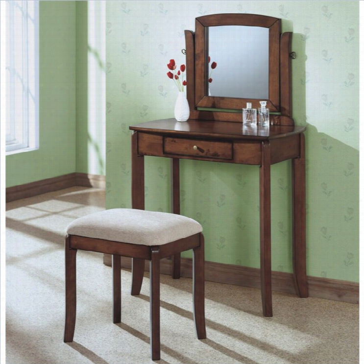 Monrch Solid Top Vanity In Walnut With Beige Chenille Stool Set