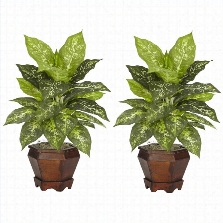 Nearly Natural Dieffenbachia With Wood Vasw Silk Plant (set Of 2)