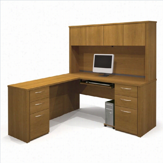 Bestar Embassy Home Office L--shape Wood Computer Desk With Hutch In Cappuccino Cherry