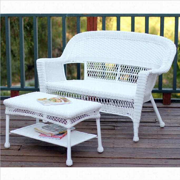 Jeco Wicker Patio Love Seat And Coffee Table Set In White Without Cuhsion