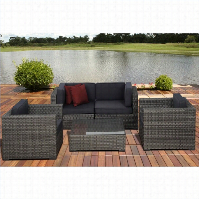 Metz 5 Pc Wicker Seating Set In Grey With Grey Cushions