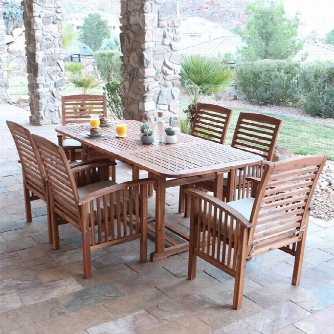 Walker Edison 7 Piece Wood Patio Dining Set In Brown With Cushions