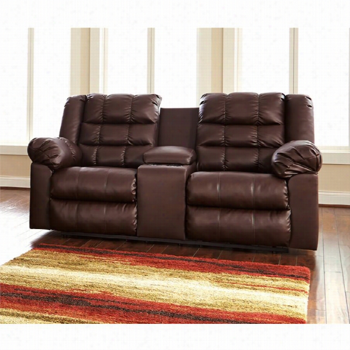 Ashley Brolyne Leather Double Reclining Console Loveseat In Saddle