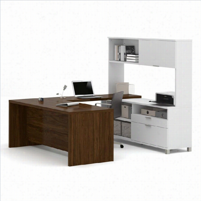 Be Star Pro-linea U-desk With Hutch In Whitea Nd Oak Barrel