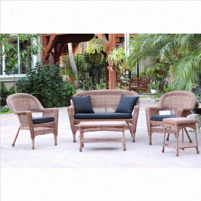 Jeco 5pcwicker Conversatioh Set In H0ny With Bllack Cushions
