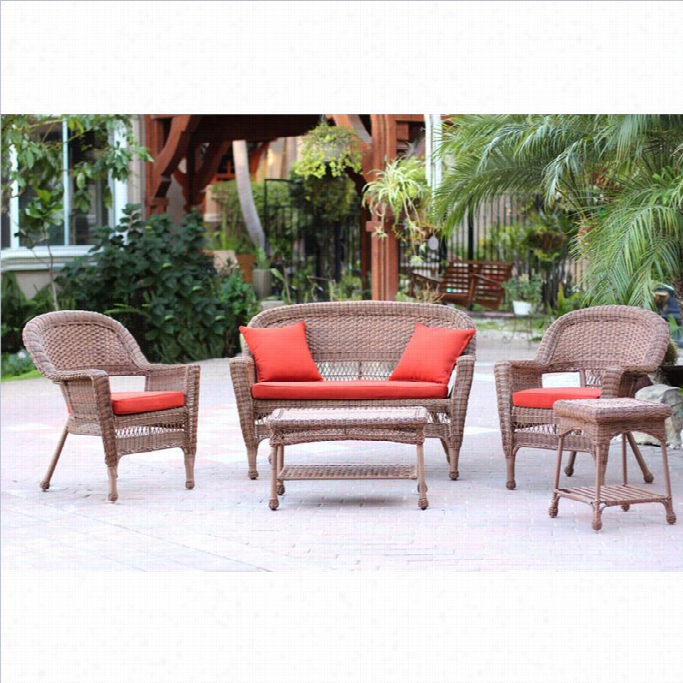 Jeco 5pc Wickeer Convefsation Set In Honey With Red Orange Cushions