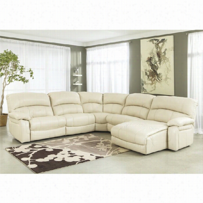 Ashley Damacio 5 Piece Leather Right Opwer Sectional In Cream