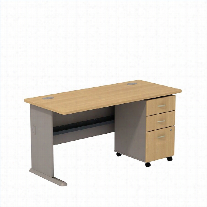 Bush Bbf Series A 60w X 27d Desk With 3dwr Mobile Pedestal In Light Aok