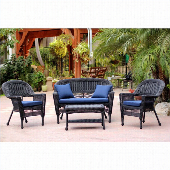 Jeco 4pc  Wicker Conversation Set In Black With Navy Blue Cushions