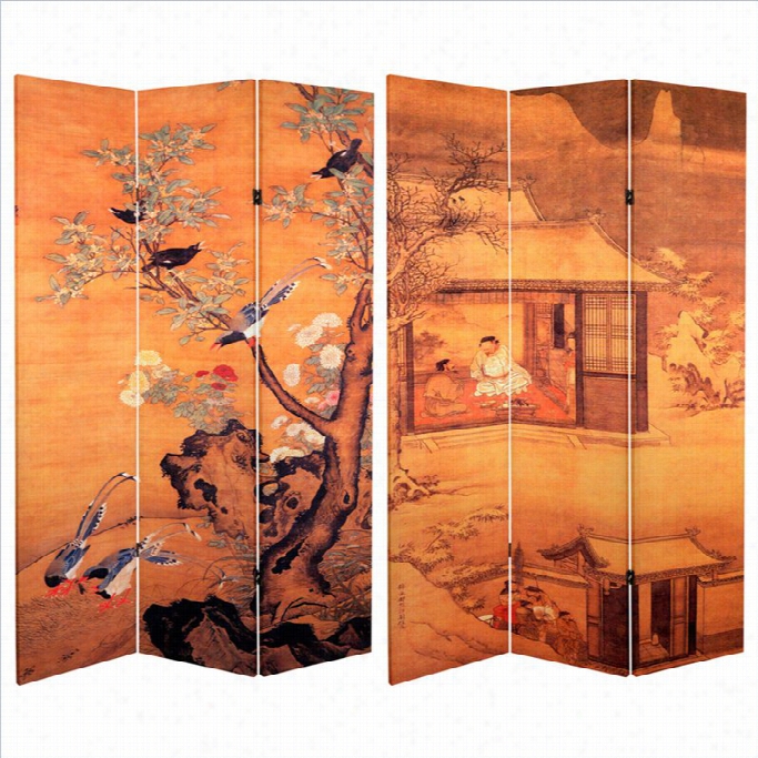 Oriental Doublle Sided Chinese Landscapes Canvs Room Divider In Orange