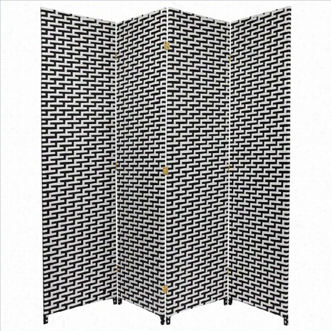 Oriental Woven Fiber Room Divider With 4 Panel In Black And White