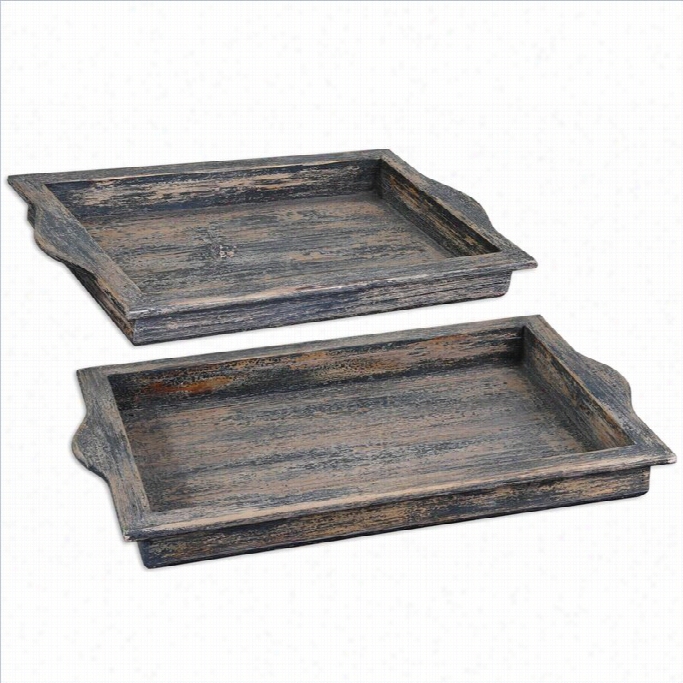 Uttermost Bleu Disterssed  Trays  In Dark Blue And Agged Ivory (set Of 2)