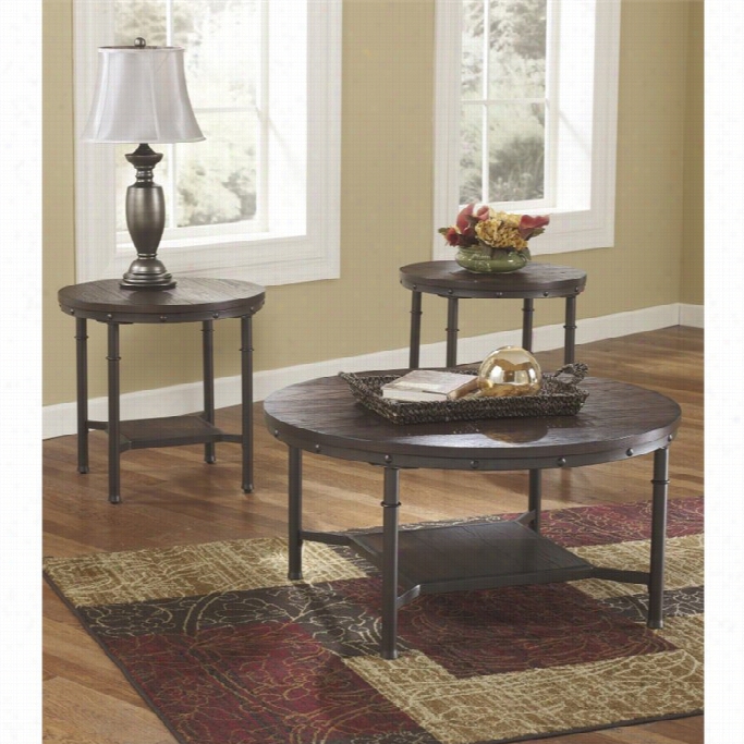 Ashley Sandling 3 Piece Round Coffee Table Set In Rusitc Brown