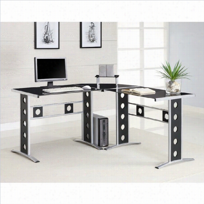 Coaster Modern L Shape Desk With Silver Frame & Blackg Lass